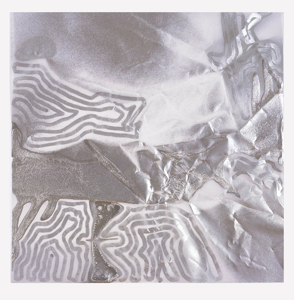 Steven Parrino,
Untitled, 1999,
sprayed enamel and marker on vellum, 9 × 9 1/16 inches