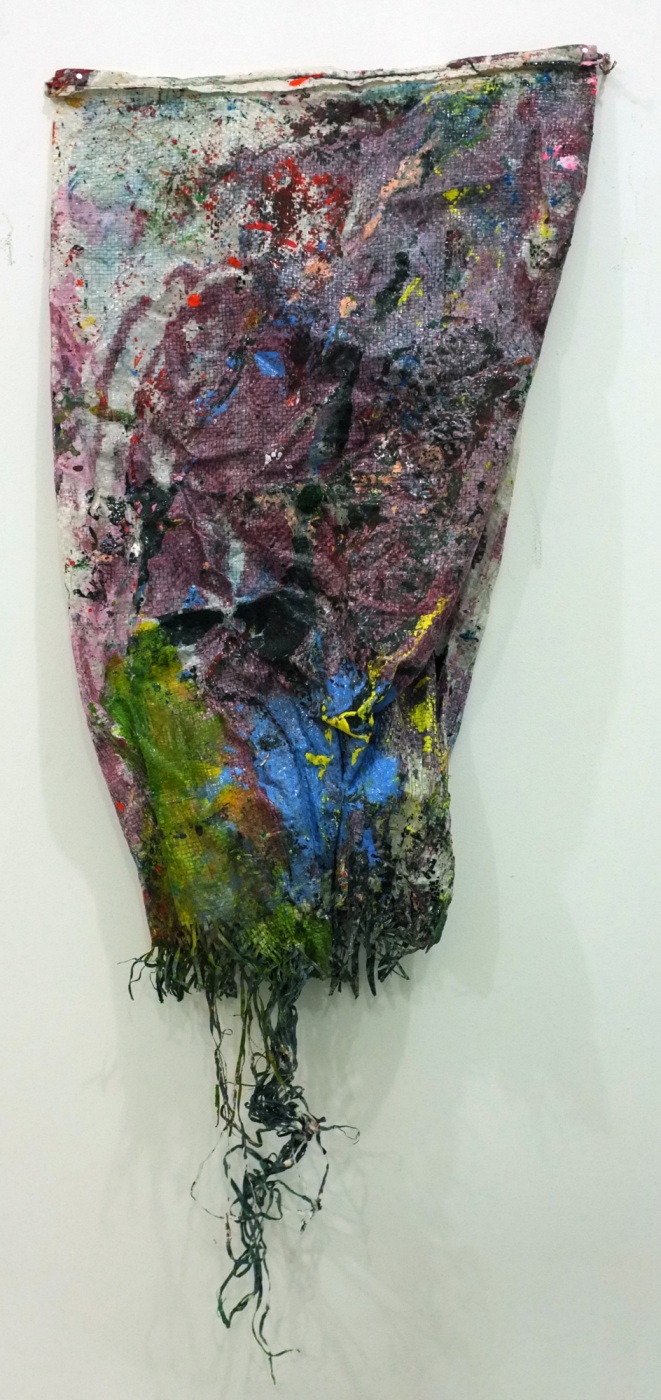 Blowin’ in the Wind (Plastic Mesh Bag), 2011,
paint, mesh bag,
37 1/2 × 14 1/2 × 2 1/2 inches