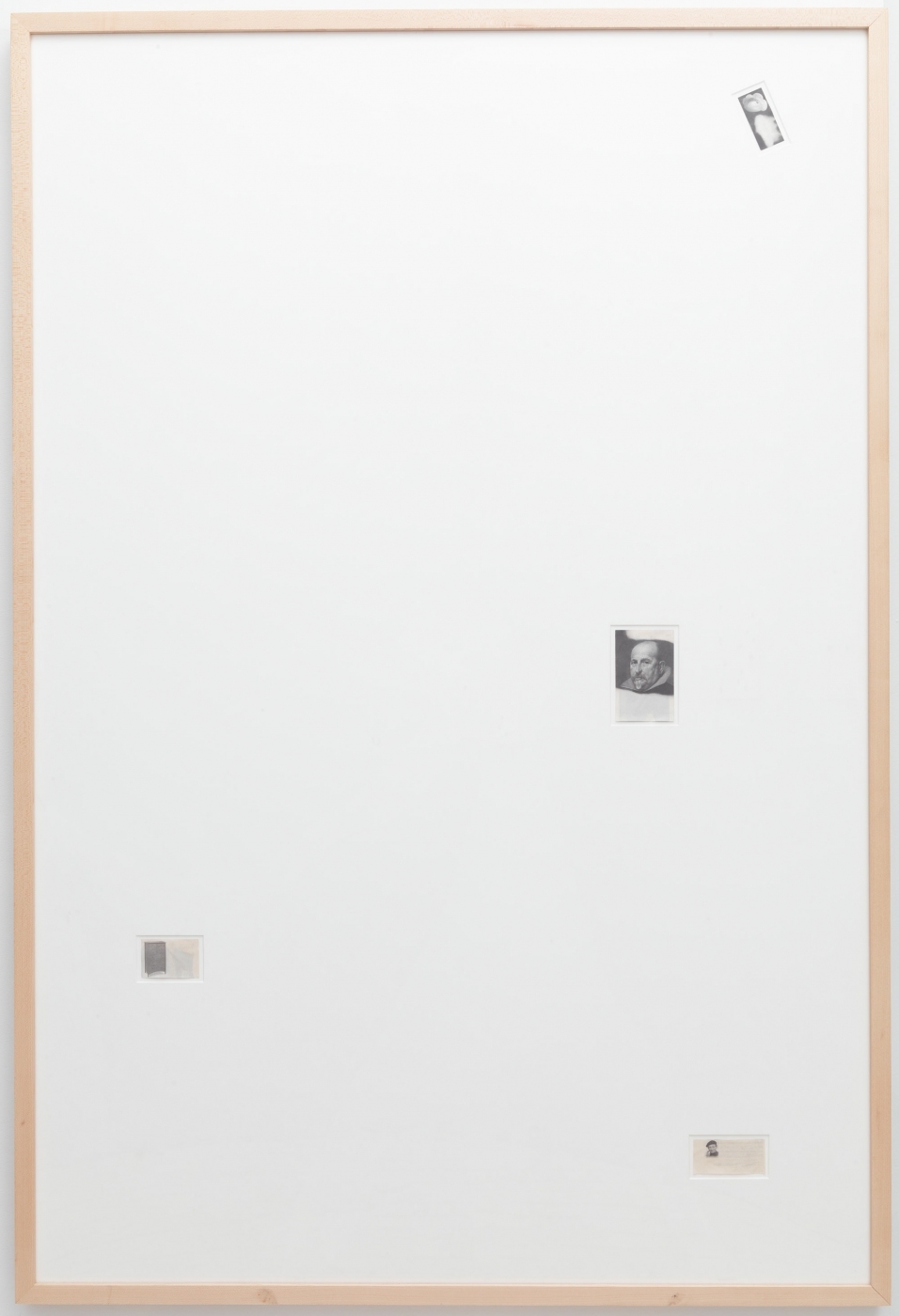 New Yorker Drawings 1-4, 2012,
erased New Yorker advertisements in artist frame, 33 1/2 × 45 1/2 inches