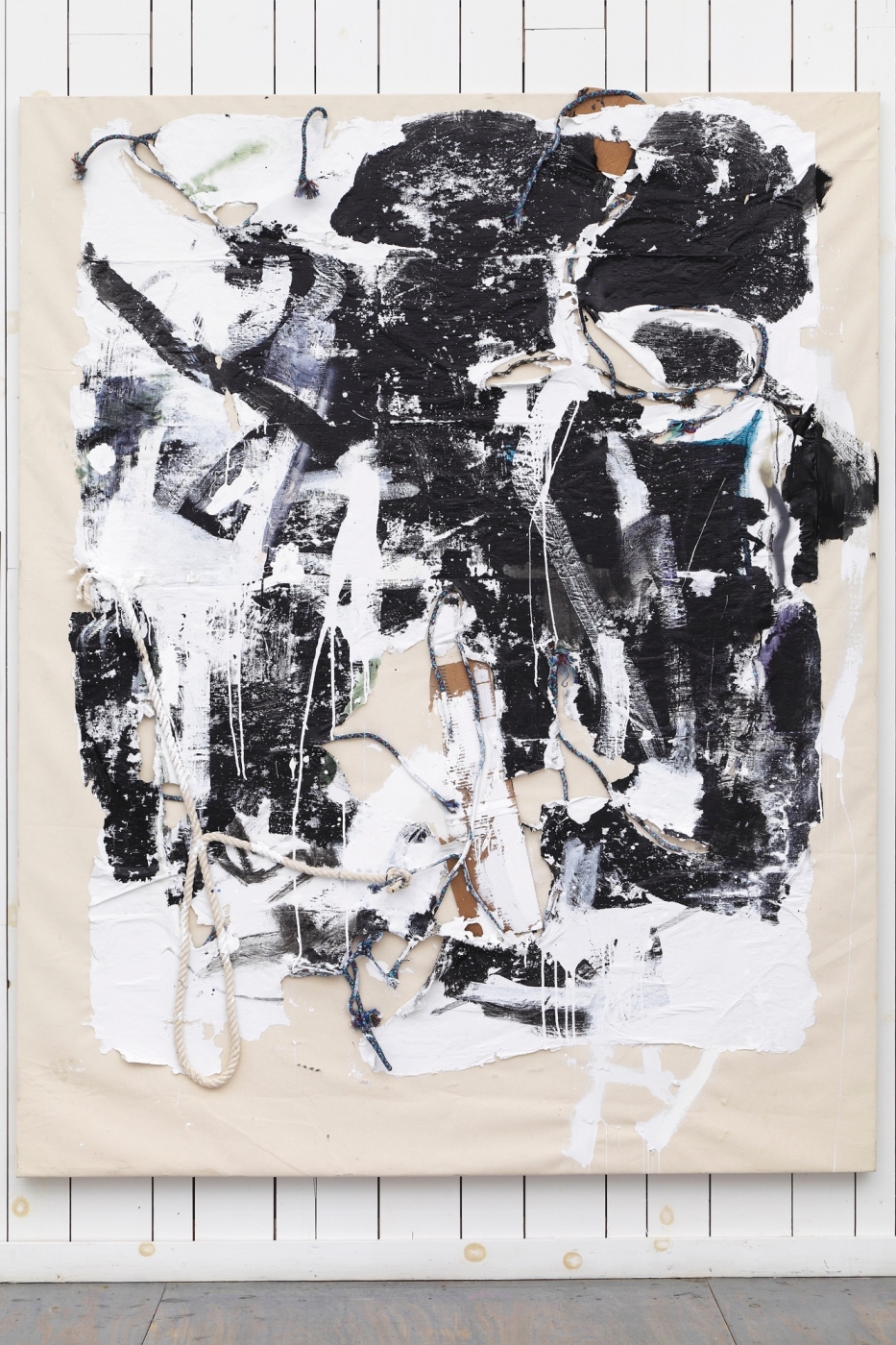 Square Dance On Speed (Light Needs Night), 2013, enamel, cardboard and rope on canvas,
96 × 76 inches