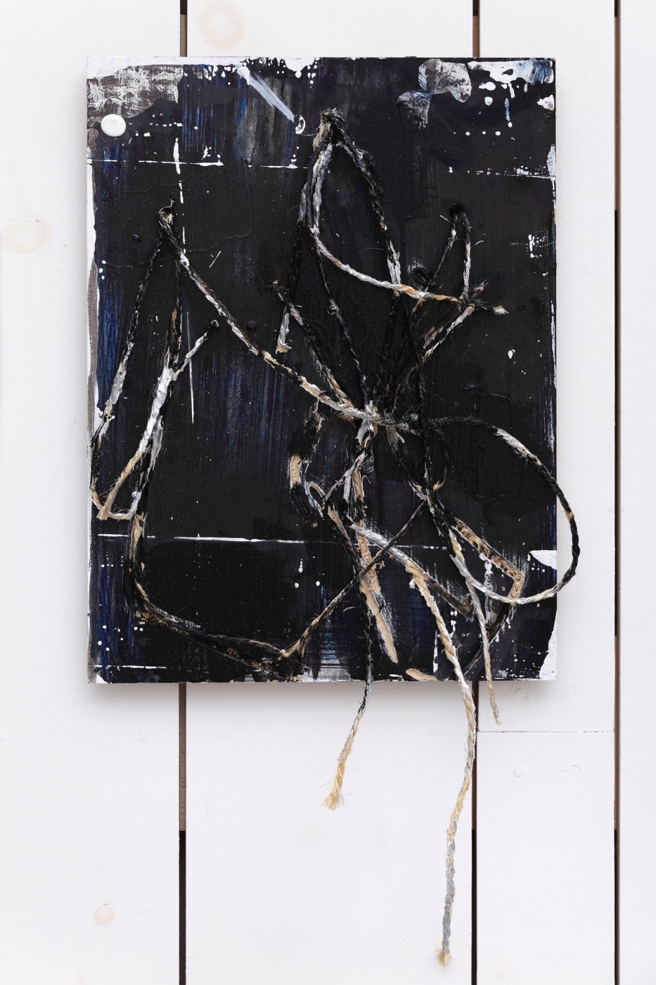Metanymic Study I, 2013,
twine, enamel, spray paint and sawdust on panel, 15 3/4 × 11 3/4 inches