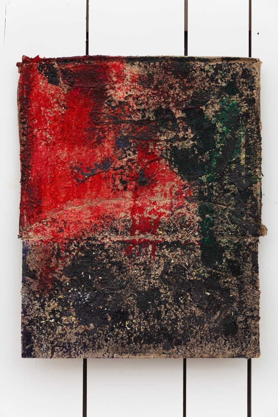 The Gong Show, 2014,
sawdust, enamel and oil on cardboard, 16 3/4 × 13 1/2 inches