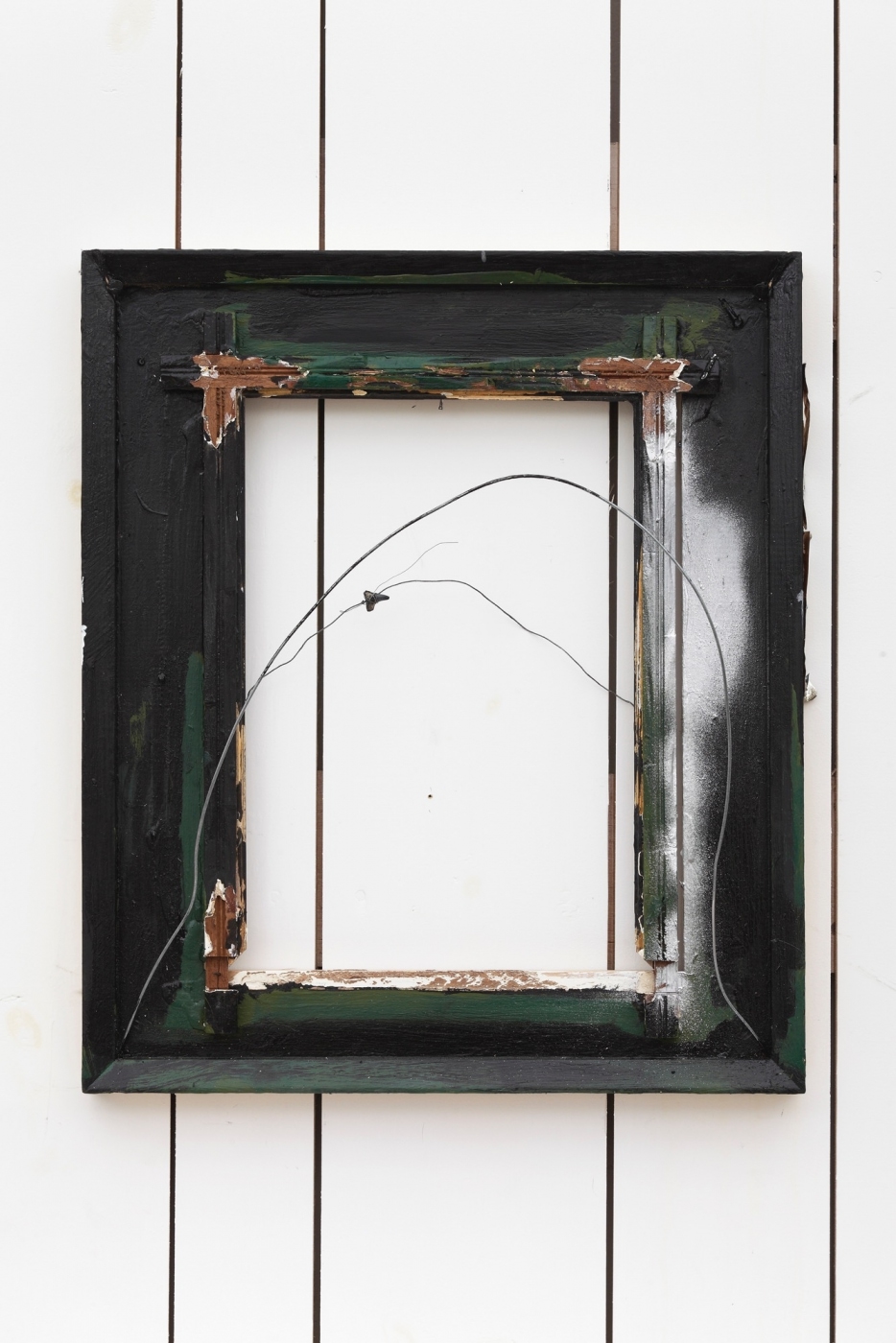 Double Rainbow, 2013,
enamel, oil, steel wire, shark's tooth, tin and nails on wood, 21 1/4 × 18 inches