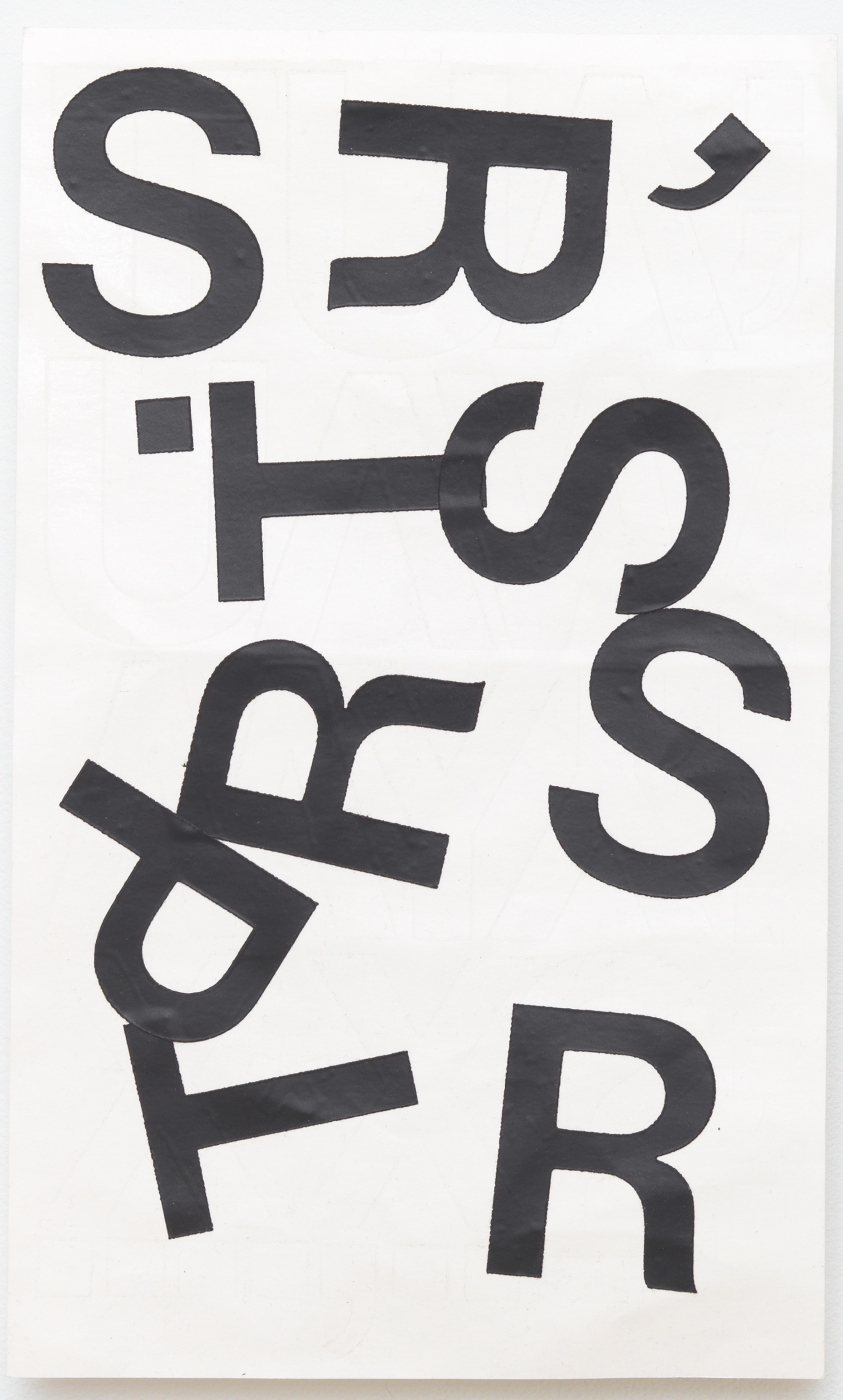 Paperwork (SR’.TSRSPTR), 2012, Chartpak vinyl stickers on paper, 10 × 6 inches