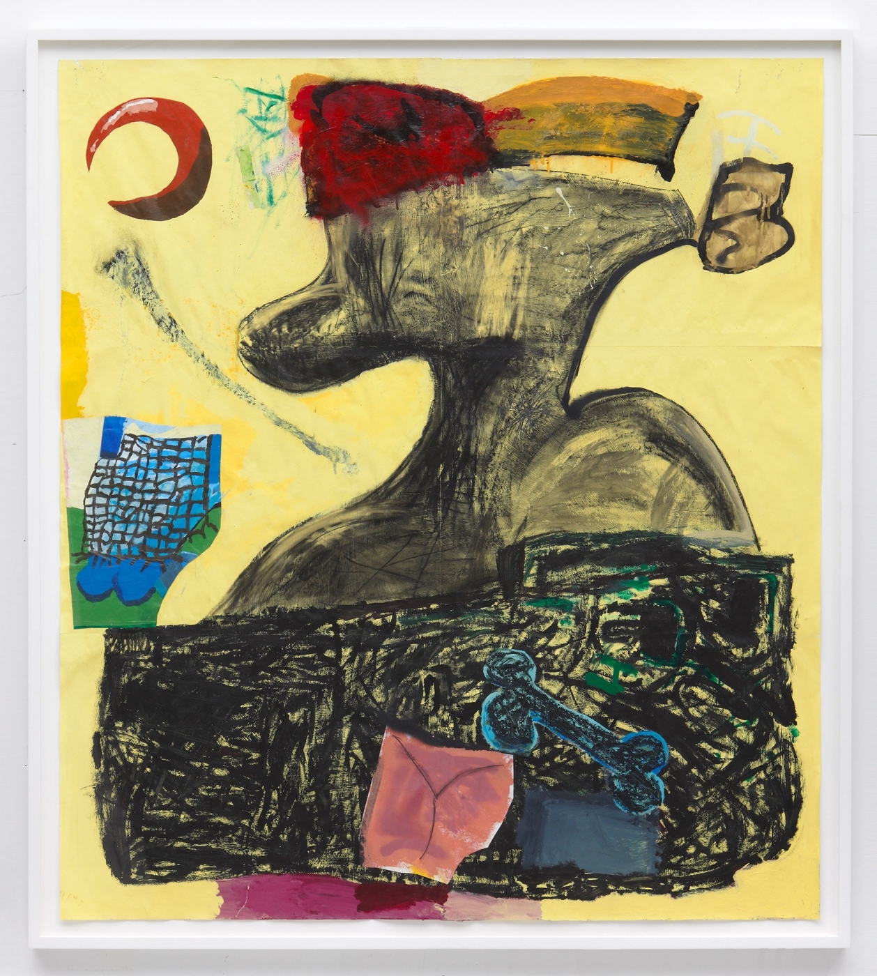 Untitled Hunks and Curves, 2013,
acrylic paint, spray paint, charcoal, graphite, and collage on paper,
54 × 46 inches