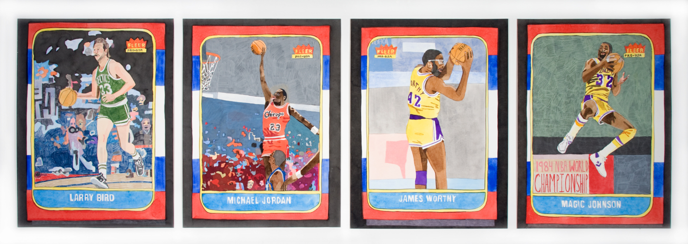 4, 1986-87 Basketball Cards, 2009, gouache and colored pencil on paper, 28 1/2 x 22 inches each