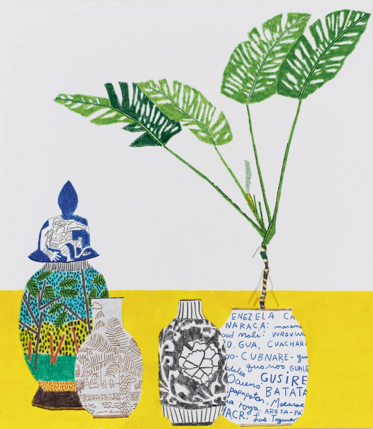 Frimkess Still Life with Colombian Monstera, 2020, gouache and colored pencil on paper, 13 7/8 x 12 1/8 inches