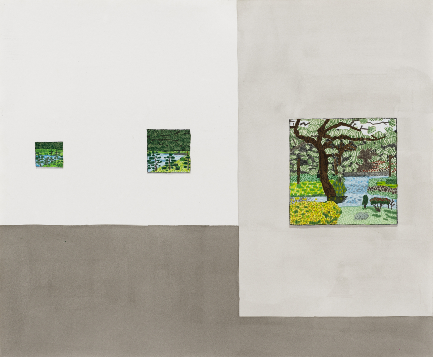 Japanese Landscape Interior #1, 2022, gouache, ink and colored pencil on paper, 14 1/2 x 17 1/2 inches; 36.8 x 44.5 cm