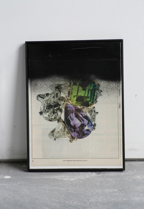 Jean-Baptiste Bernadet, Untitled (High Jewellery, page 33), 2010, collage and spray paint on canvas, 16 × 12 inches framed