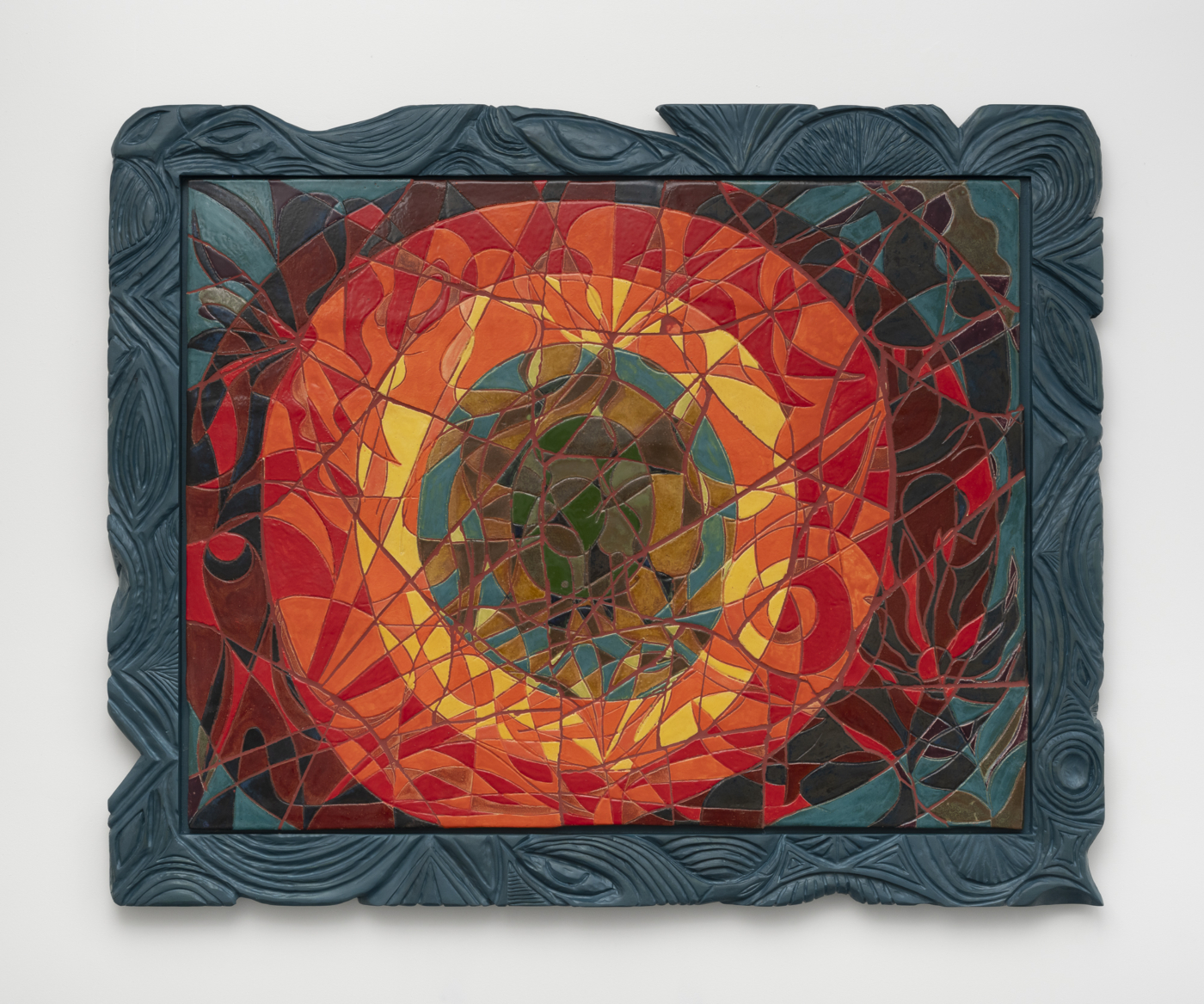 sun at midnight, 2025. Glazed ceramic and alder, 61 x 47 in. (154.94 x 119.38 cm)