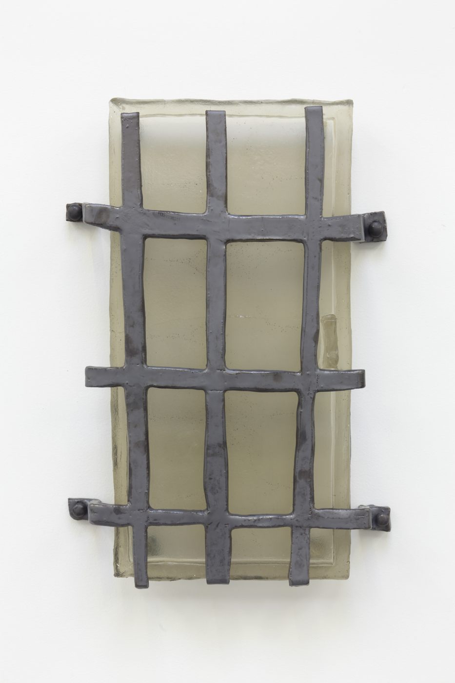 Opaque Transparency [grey glass, dull metal-colored bars], 2019, Ceramic, glaze, glass, Overall: 23 × 16 × 4 inches