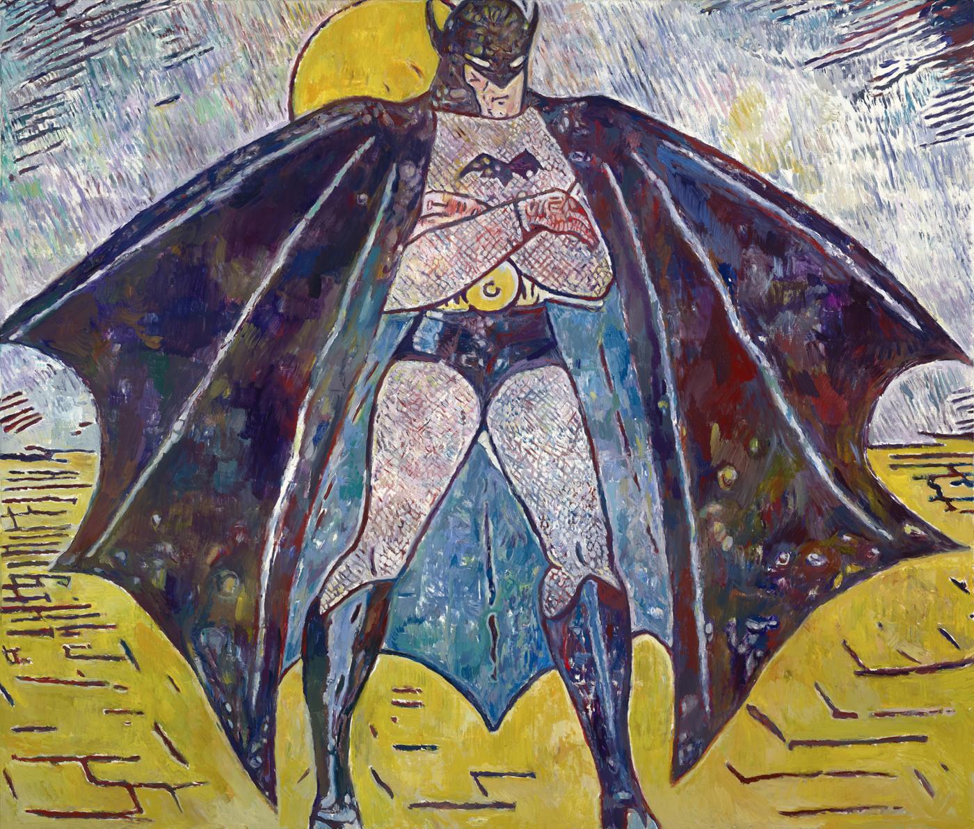 Batman (after Bob Kane and Bill Finger), 2018,
oil on linen,
48 x 56 inches