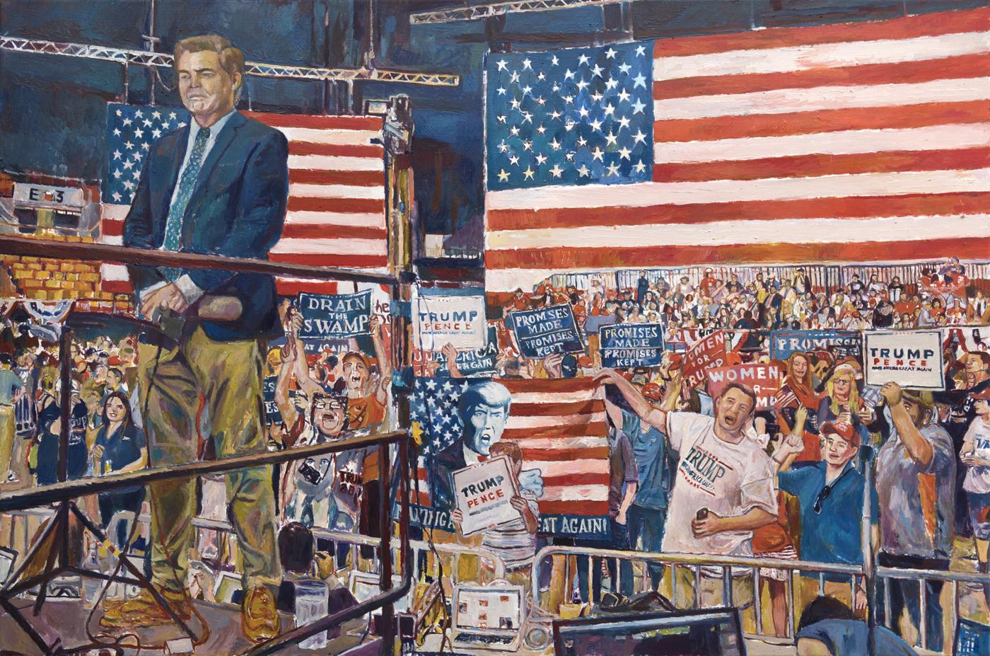 CNN vs. Trump (Jim Acosta at a rally at the Nashville Municipal Auditorium, May 29, 2018, from a photo by Drew Angerer), 2019, oil on linen,
36 x 55 inches
