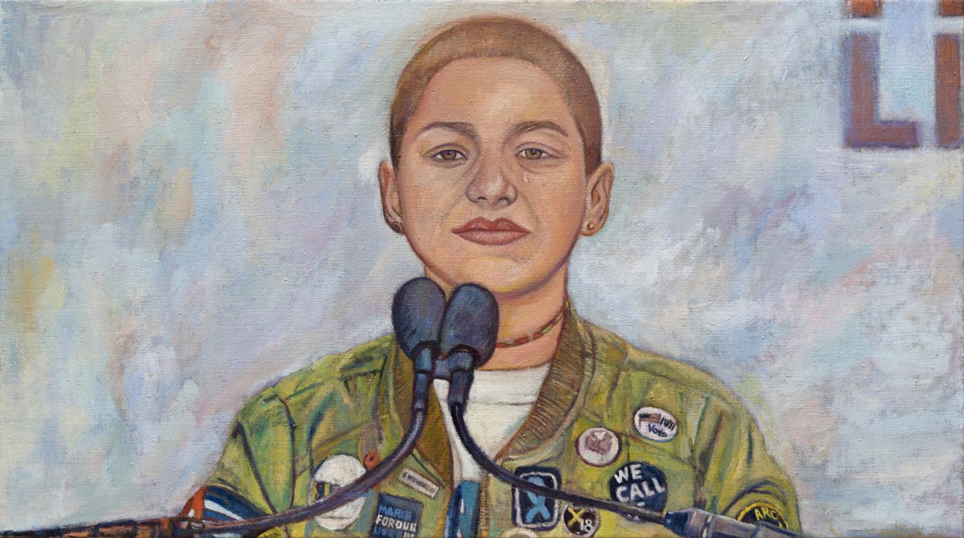 Emma González, March For Our Lives, 2018,
oil on linen, 20 x 36 inches; 50.8 x 91.4 cm