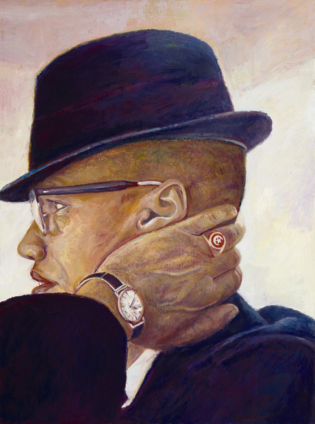 Malcolm X (after Eve Arnold), 2018,
oil on panel, 20 x 17 3/4 inches