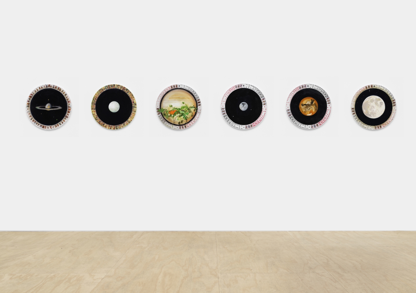 Installation view, Verne Dawson: Paintings, Eva Presenhuber, New York, 2019. Left to right:Days of the Week, (Saturday), (Friday), (Thursday), (Wednesday), (Tuesday), (Monday), 2019, oil on panel, diameter 24 inches; 61 cm
