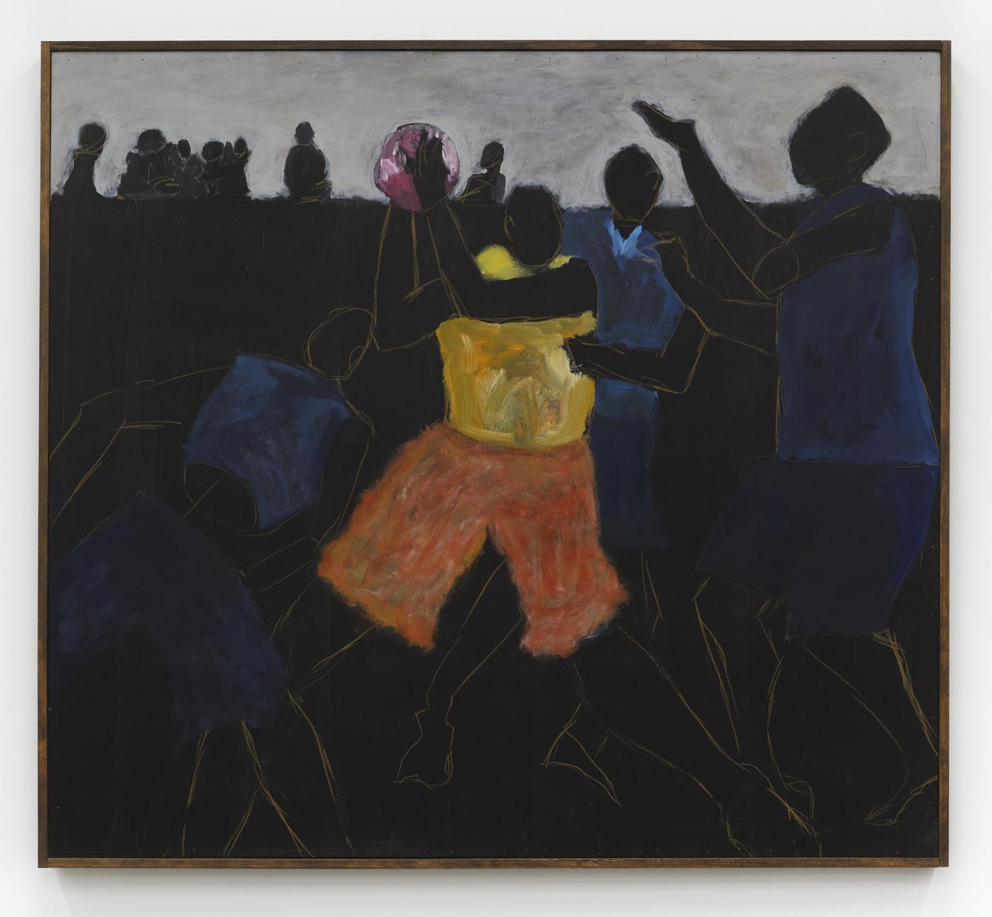 Target Audience: Orange Shorts, 2019, acrylic and pastel on wood panel,
43½ x 48 inches; 110.5 x 121.9 cm