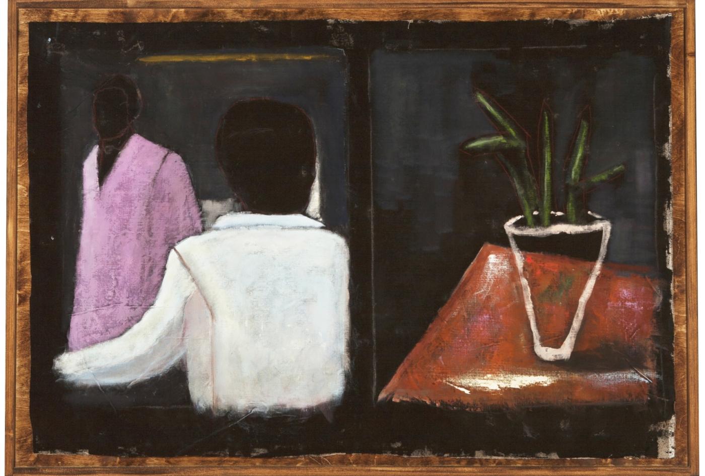 In Retrospect: Behind the Curtain, 2020, acrylic and pastel on linen, 39 x 57 inches