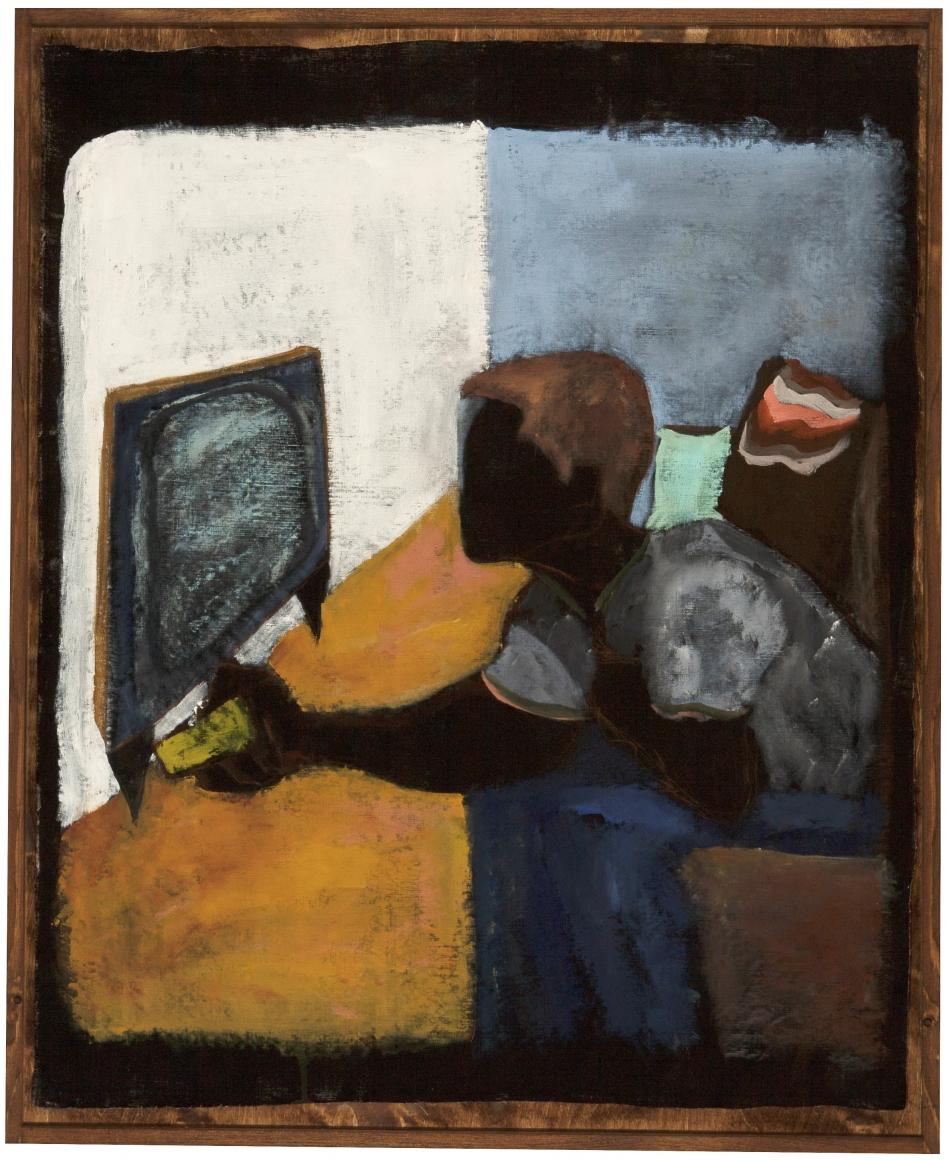 In Retrospect: Remote Control, 2020, acrylic and pastel on linen, 50 1/2 x 41 inches