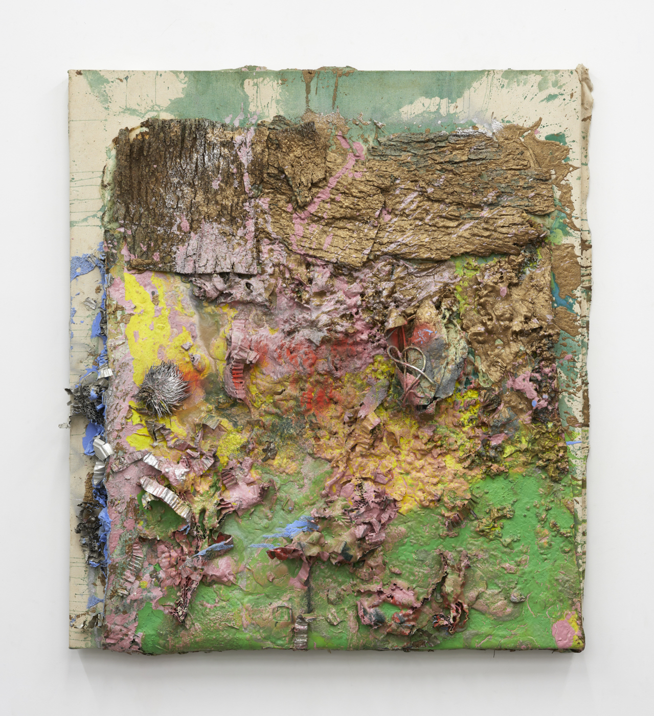 Ivy, 2005-2013, acrylic, corrugated aluminum, sea urchin, aluminum, tree bark, wire mesh on canvas, 59 x 60 inches; 149.9 x 152.4 cm