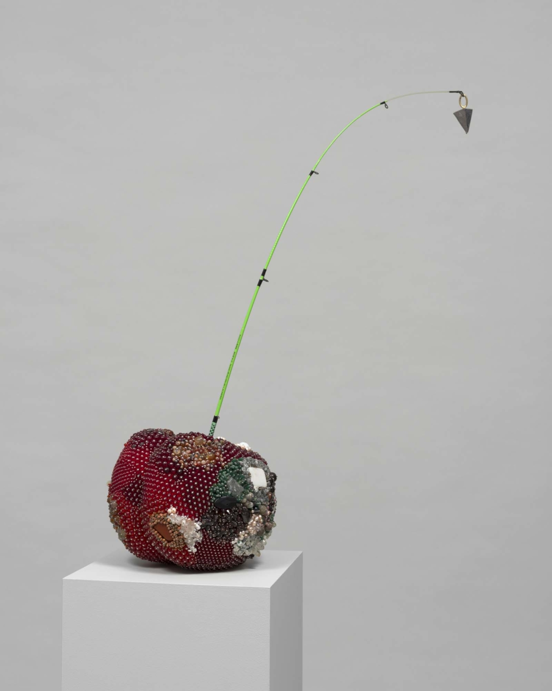 Bad Cherry (Junior), 2021, garnet, aventurine, rhodonite, serpentine, quartz, marble, agate, pink opal, amazonite,
jasper, moonstone, carnelian, smokey quartz, limestone, unakite, freshwater pearls,
glass, steel pins on coated polystyrene, fishing pole, lead sinker
32½ x 23½ x 17½ inches; 82.6 x 59.7 x 44.5 cm