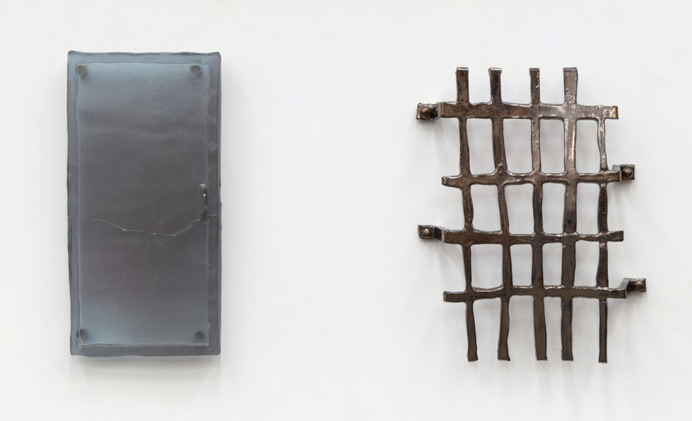 Woody De Othello, Opaqueness [purple glass, shiny metal-colored bars], 2019, ceramic, glaze, glass, bars: 23 × 16 × 4 inches; window: 22 × 11 × 3/4 inches; overall: 23 × 16 × 4 inches