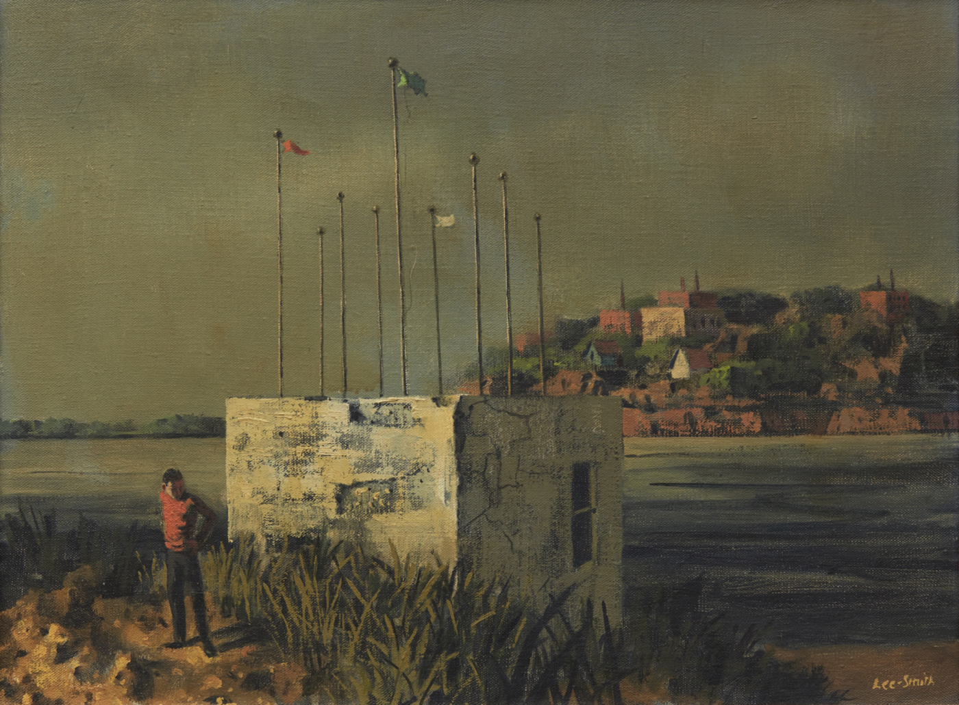 Untitled (Man in Red Shirt at the Shore), circa 1960s, oil on linen canvas, 18 x 24 inches; 45.7 x 61 cm