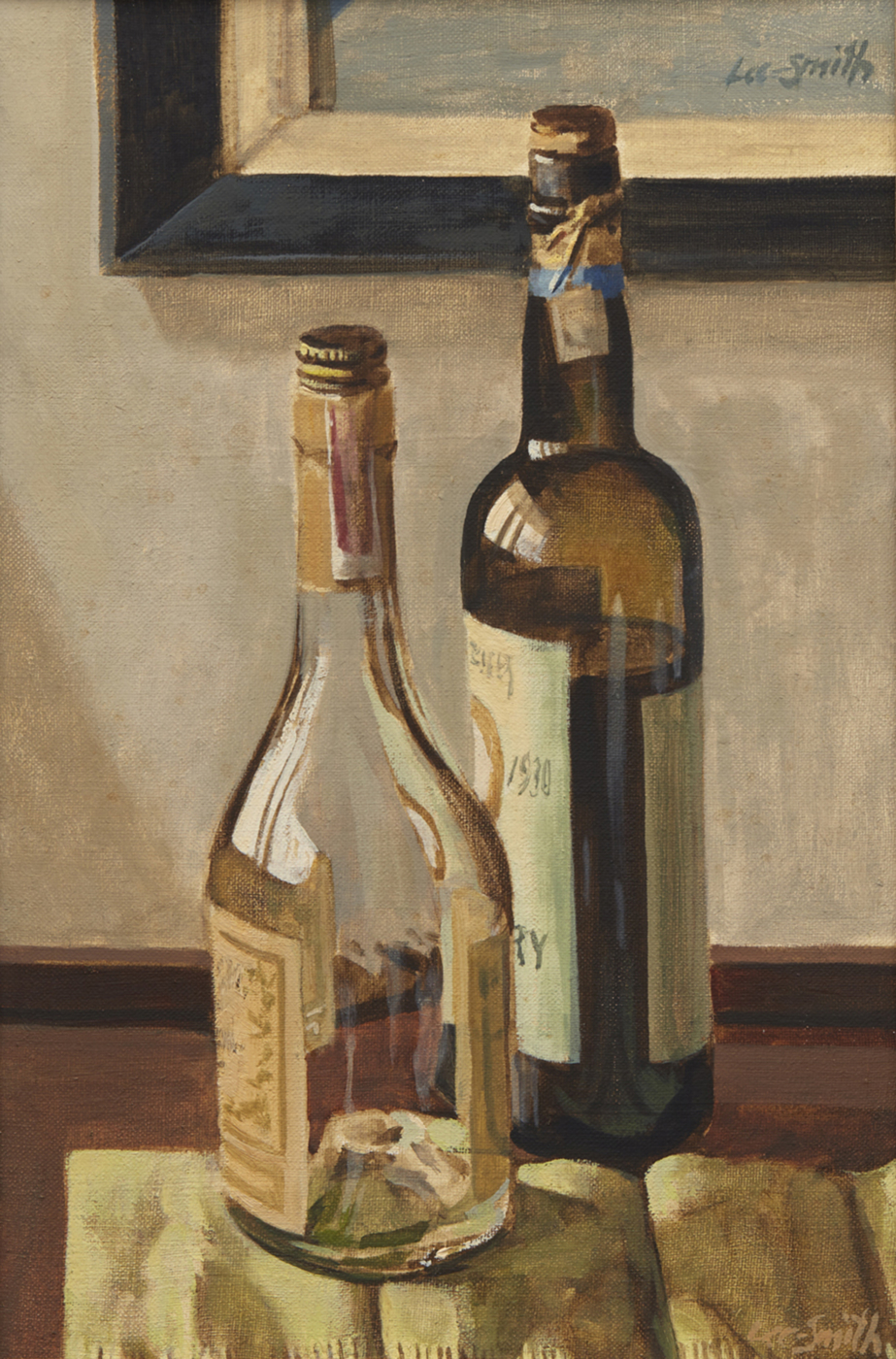 Untitled (Still Life with Two Wine Bottles), c. 1975, oil on linen, 18 x 12 inches; 45.7 x 30.5 cm