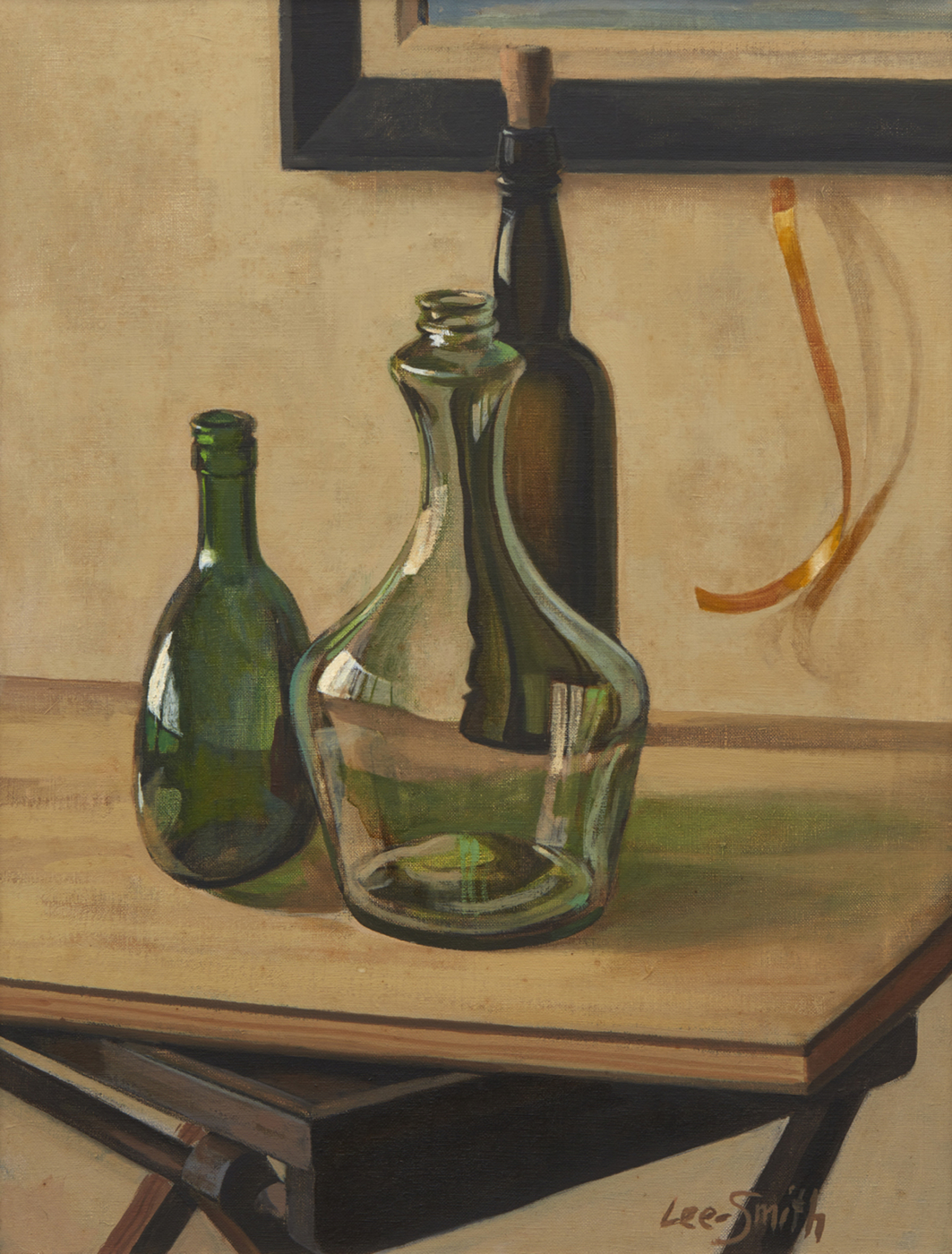 Untitled (Still Life with Three Wine Bottles), 1975, oil on linen, 26 x 20 inches; 66 x 50.8 cm
