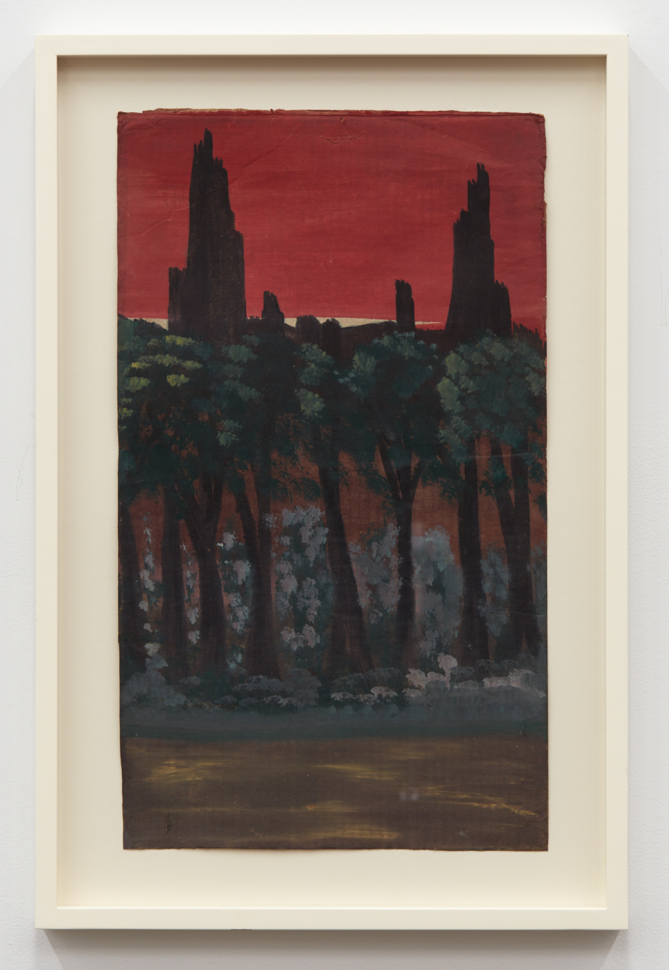 Frank Walter, Untitled (Red Sky with Black Pinnacles), ND, oil on single-ply cardboard, 24⅝ x 14⅛ inches; 62.56 x 35.89 cm, 29⅝ x 19⅝ inches; 75.26 x 49.86 cm (framed)