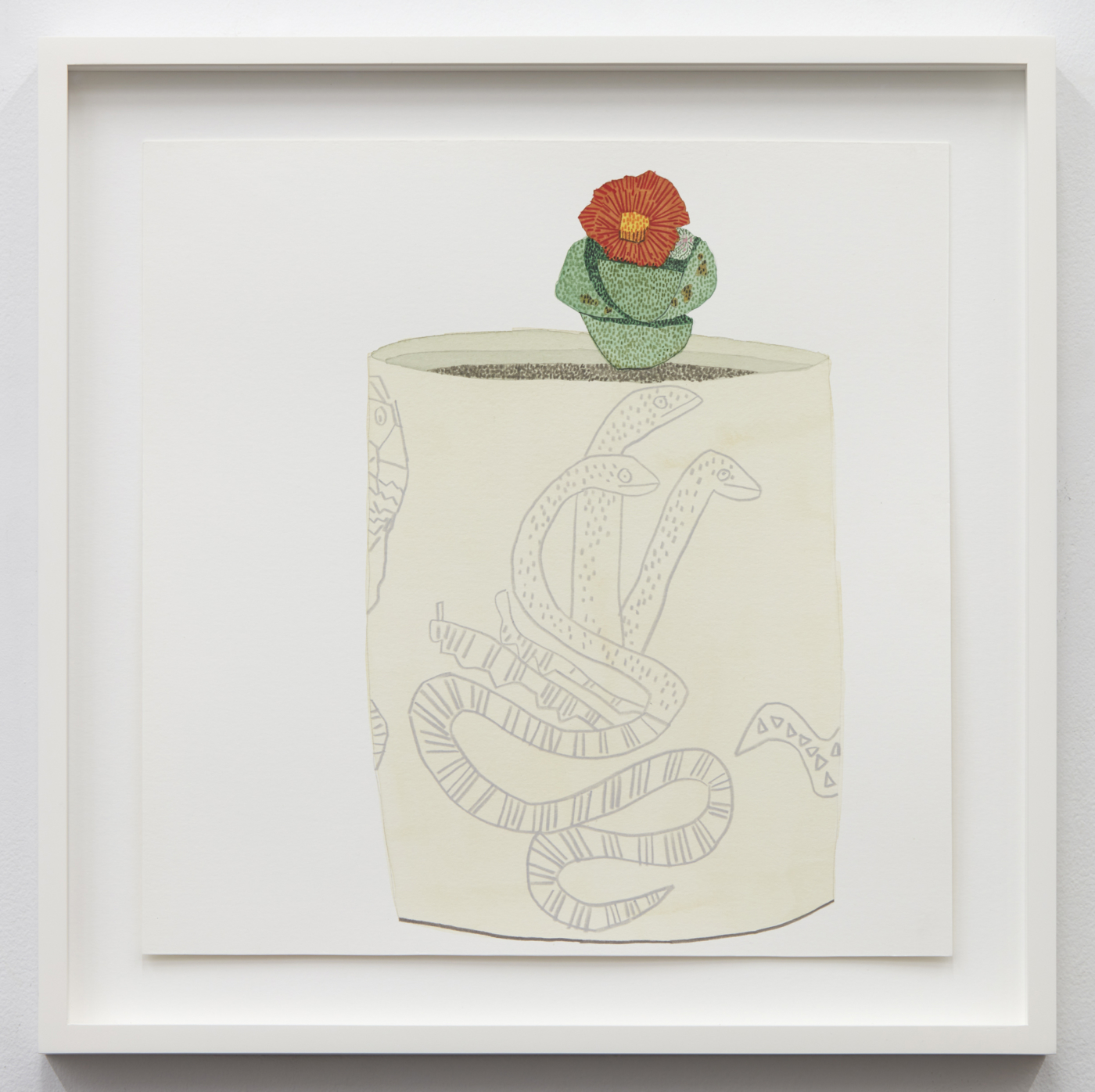 Jonas Wood, SK Snake Pot with Lithop, 2022, gouache and colored pencil on paper, 14 1/8 × 14 inches; 35.89 × 35.56 cm, 17 1/2 × 17 1/2 inches; 44.45 × 44.45 cm (framed)