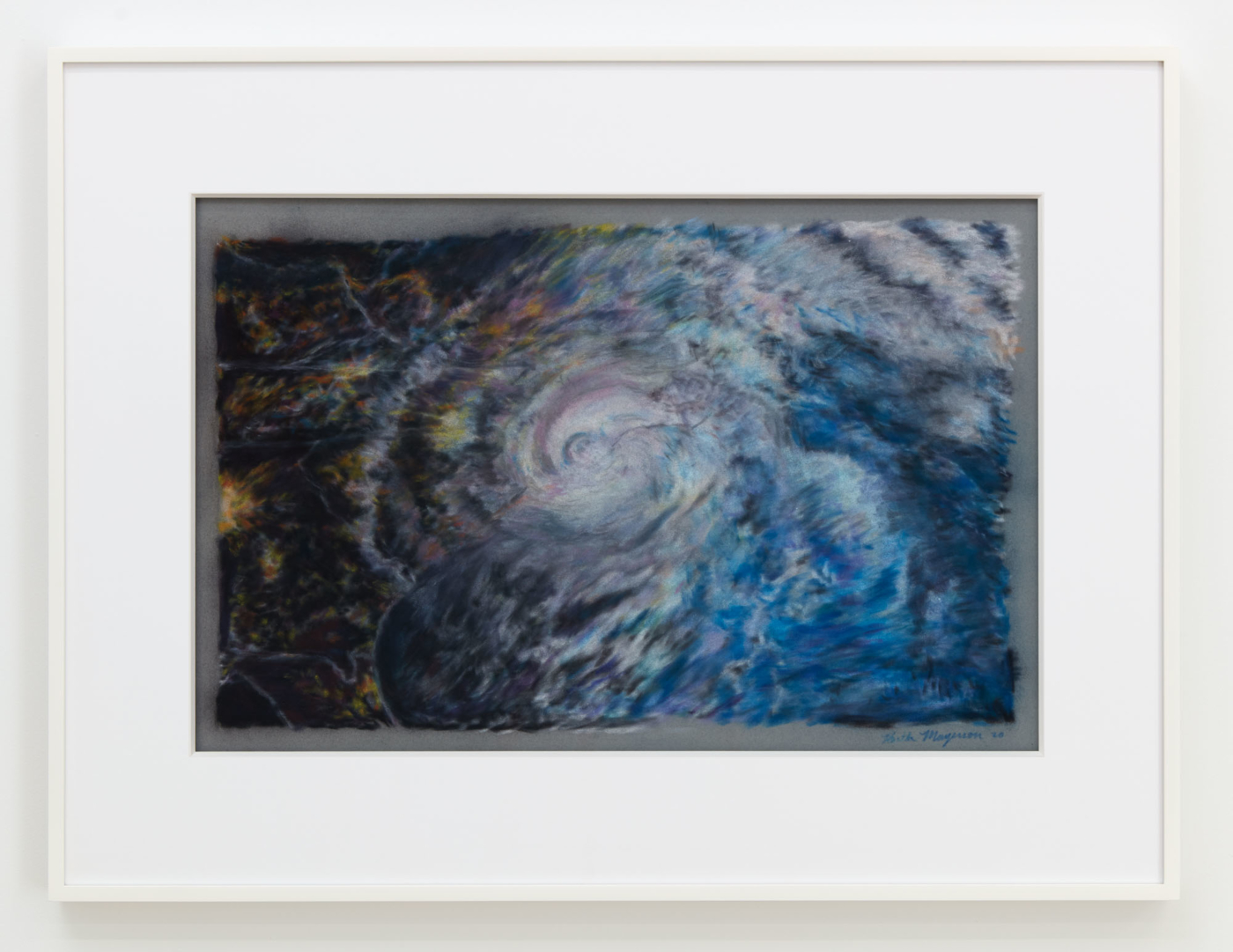 Keith Mayerson, A Deluge: Hurricane Florence when it made landfall on Friday, September 14 2018, 2020, pastel on velour board, 18 1/2 × 26 1/4 inches; 47 × 67 cm, 20 1/2 × 28 1/4 inches; 52.1 × 71.8 cm (framed)