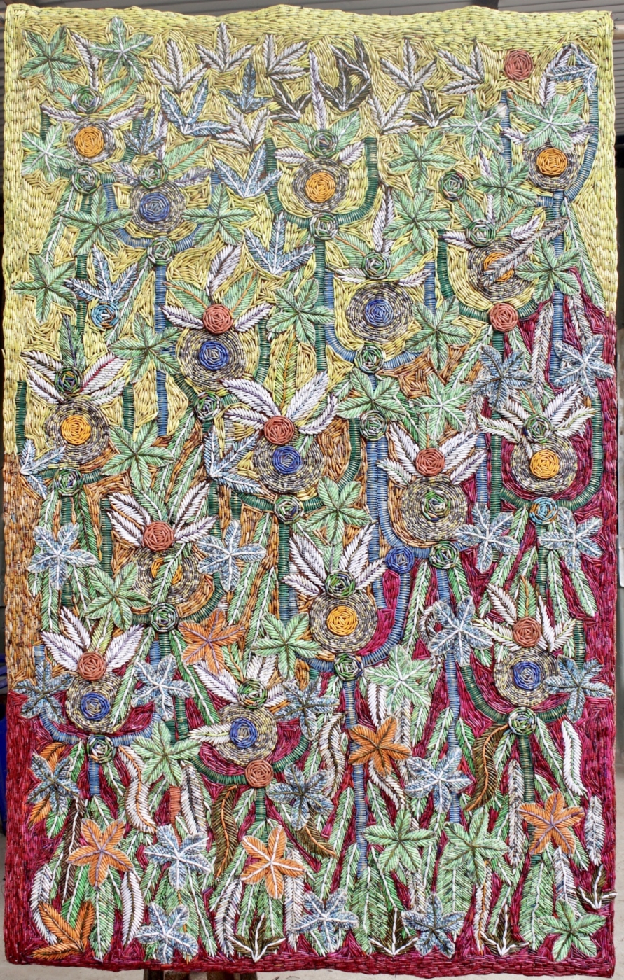 Evocation, 2022, paper, acryllic, stitching, on bark cloth, 85 × 53 9/10 × 1 3/5 in | 216 × 137 × 4 cm