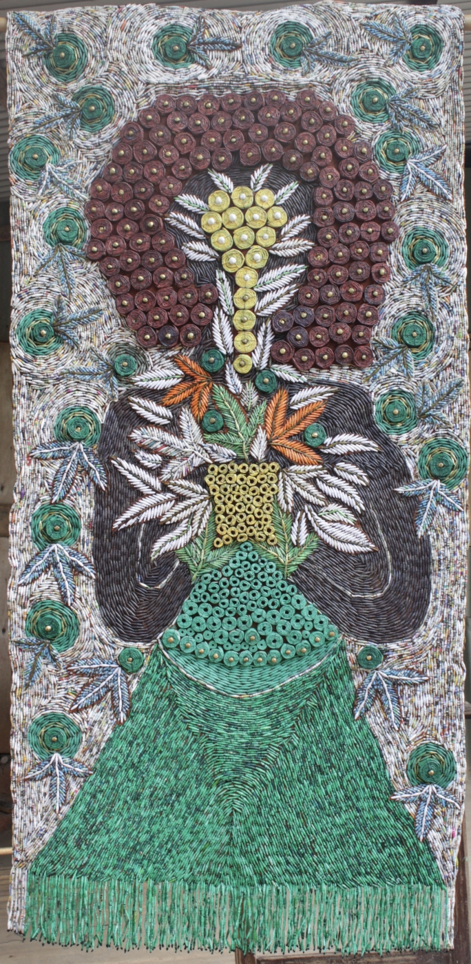 Maid of honor, 2022, paper beads on bark cloth, 205 x 98 cm
