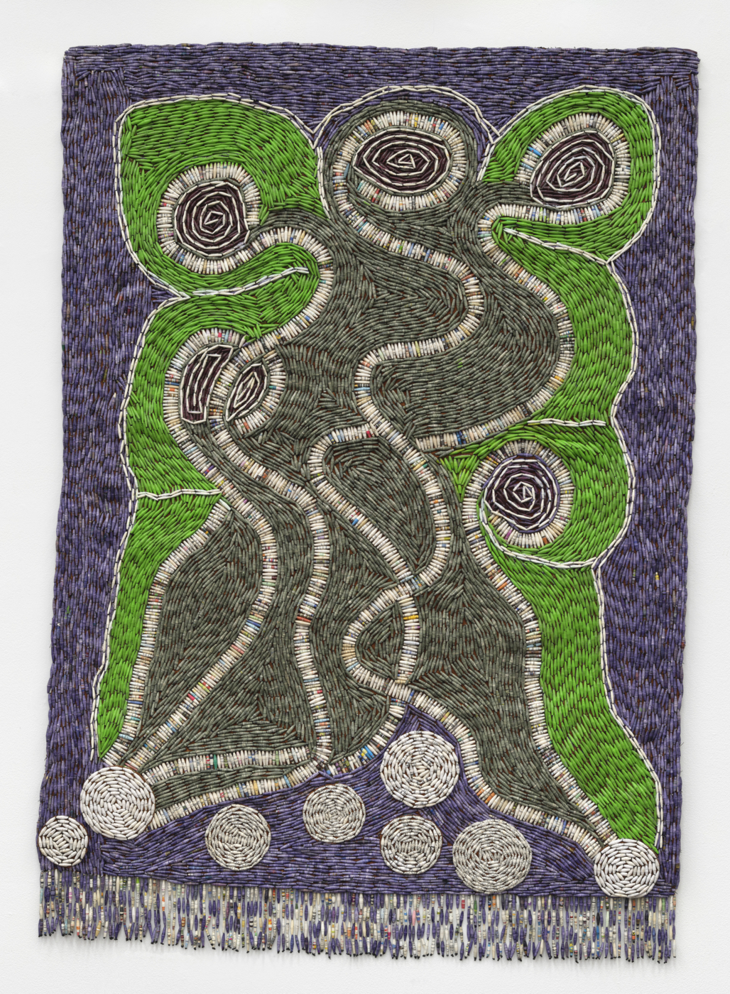 Help, 2021, paper beads on barkcloth, 54 x 37¾ inches; 137.16 x 95.89 cm