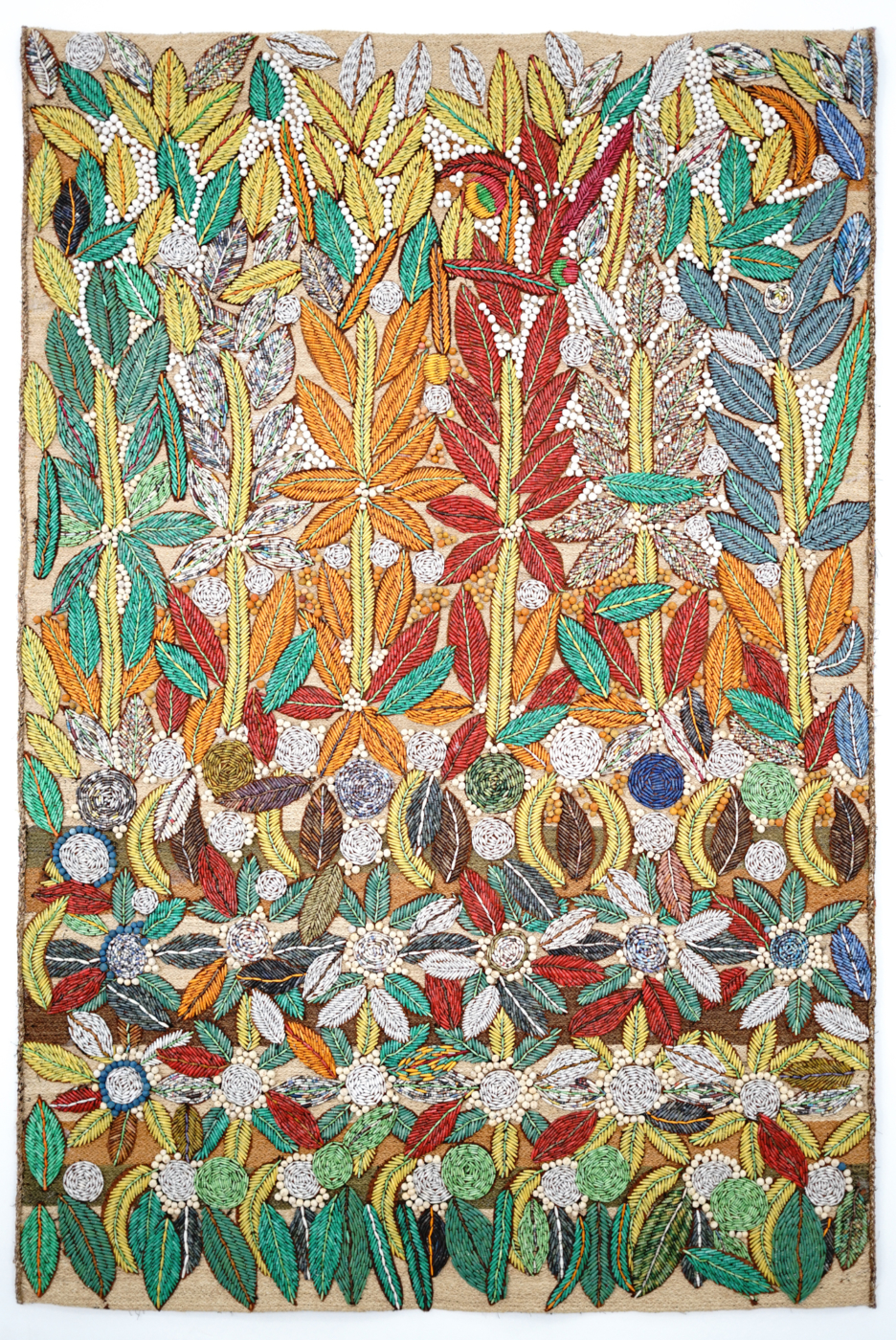 Blossoming, 2021, paper bead on hand woven raffia, 235 x 156 cm
