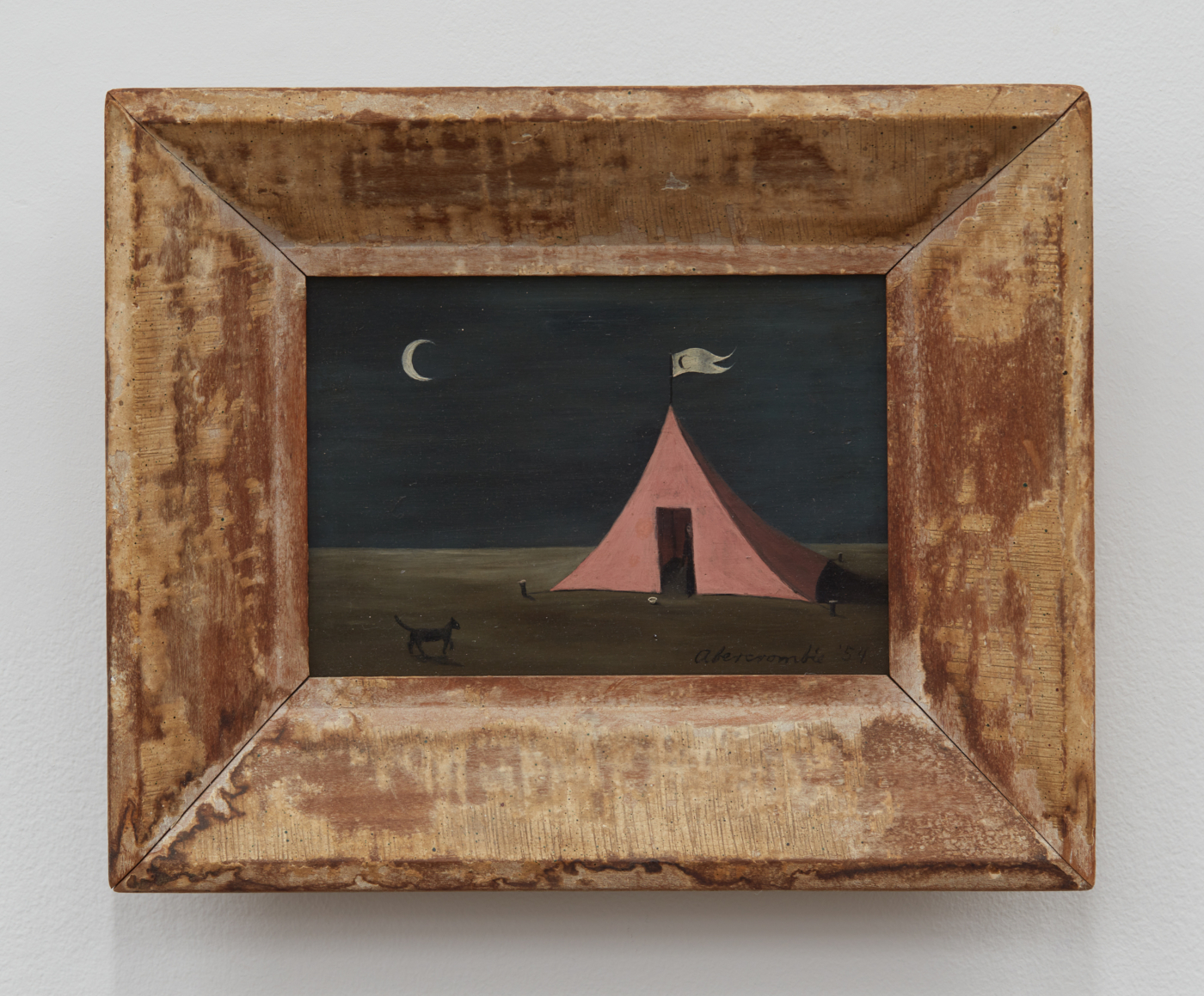 Gertrude Abercrombie, The Pink Tent, 1954, oil on masonite, 4½ x 6½ inches; 11.43 x 16.51 cm, 8⅞ x 10⅞ inches; 22.56 x 27.64 cm (framed)