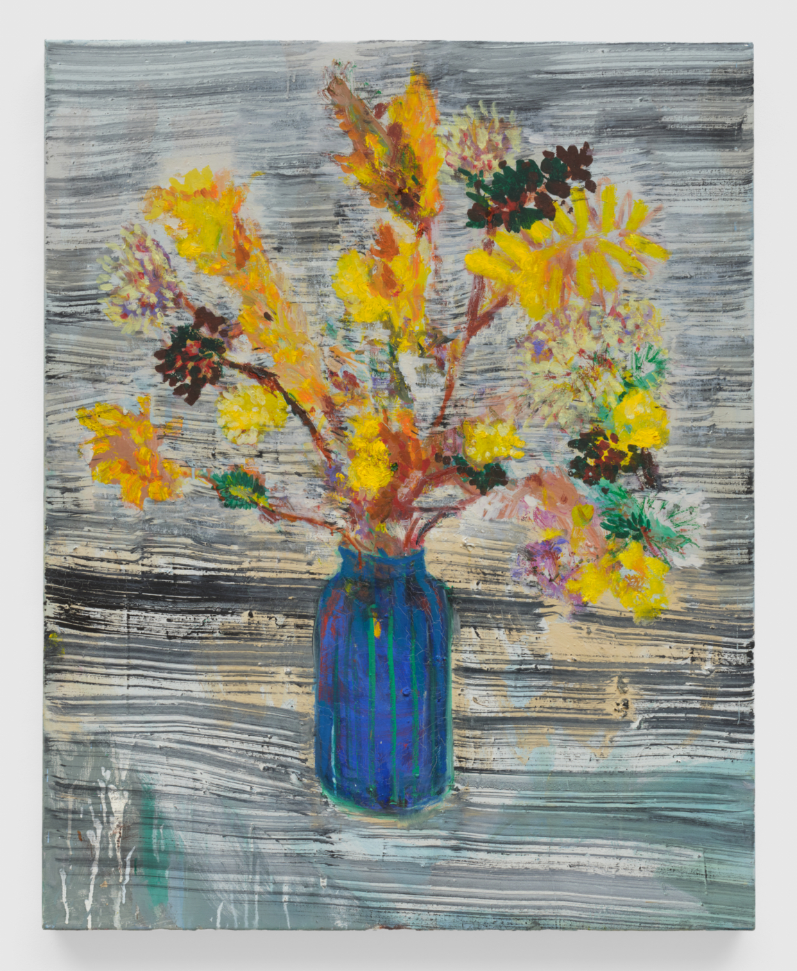 Bouquet Sur Fond Rayé, 2026. Oil on canvas, 39 3/8 x 31 3/4 inches (100 x 80.5 cm)