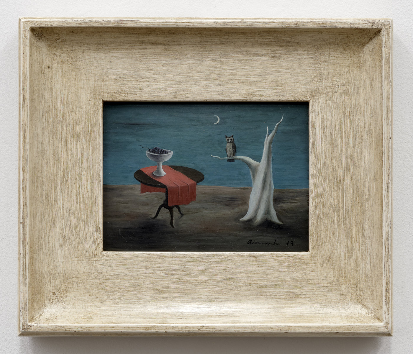 Gertrude Abercrombie, Still Life and Owl, 1949. Oil on Masonite, 5 x 7 in. (12.7 x 17.78 cm); 10 1/2 x 12 1/4 in (26.67 x 31.12 cm) framed
