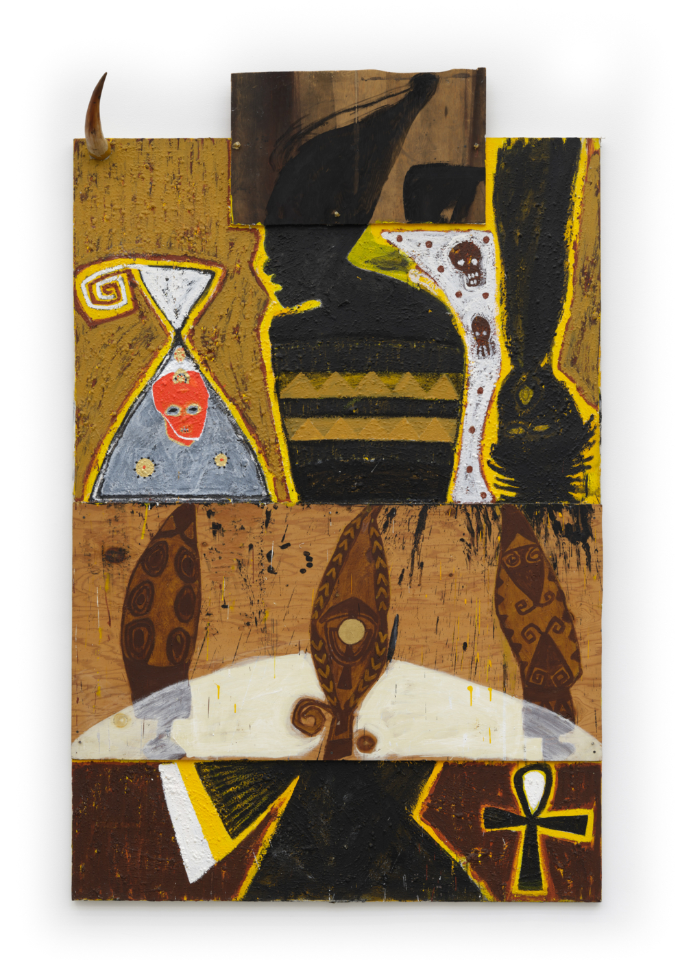 Stand By Me, 1990. Mixed Media on canvas, pigment, wood, and horn, 111 x 70⅞ x 12¼ in. (282 x 180 x 31 cm)