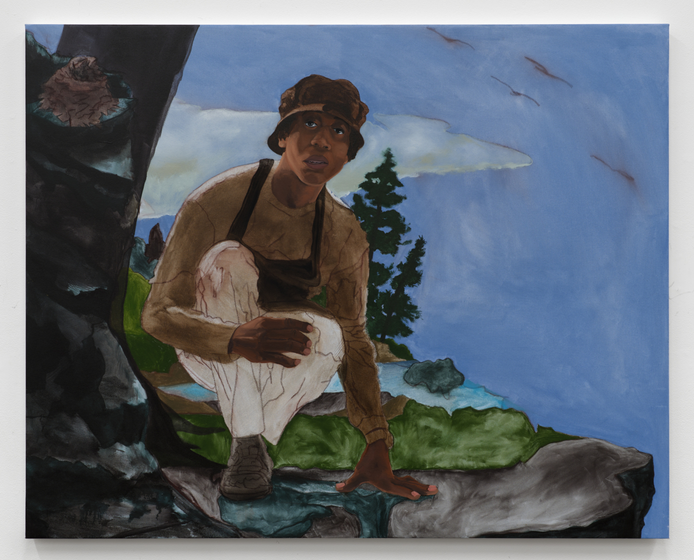 Kneeling for a Birds View, 2025. Oil on linen, 48 1/8 x 60 1/8 in. (122.24 x 152.72 cm)