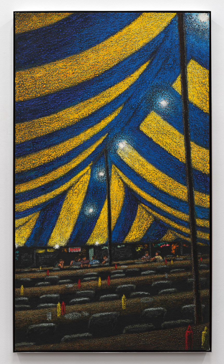 Rhode Island Striped Tent, 2005–25. Oil stick on linen, 52 x 30 in. (132.08 x 76.20 cm),  52 7/8 x 30 7/8 in. (134.30 x 78.42 cm) framed