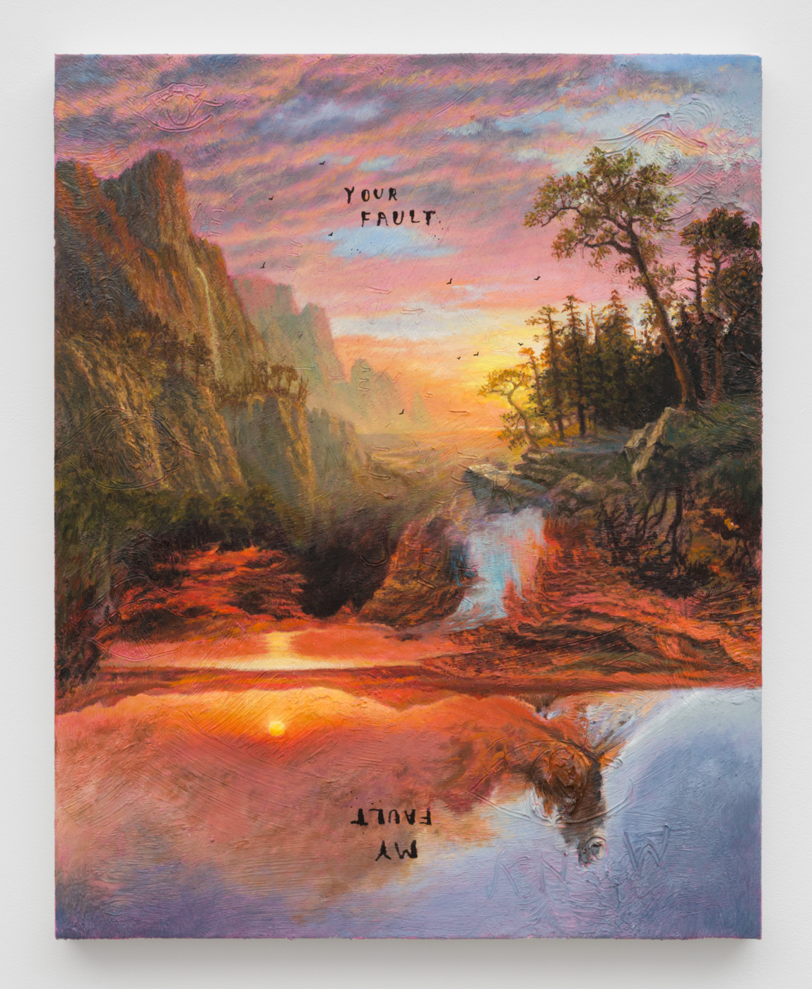 Friedrich Kunath, Your Fault My Fault (Volcano), 2025. Oil on canvas, 24 x 30 in. (60.96 x 76.20 cm)