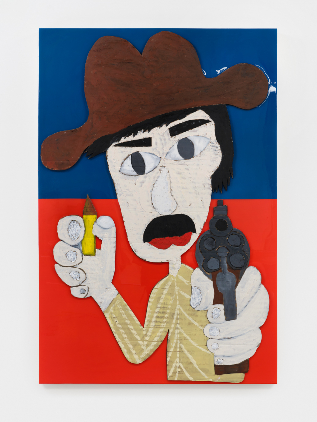 Hadi Falapishi, Cowboy With an Atomic Bullet, 2024. Oil and mixed media on cardboard on resin coated
wooden panel, 48 x 72 in. (121.92 x 182.88 cm)