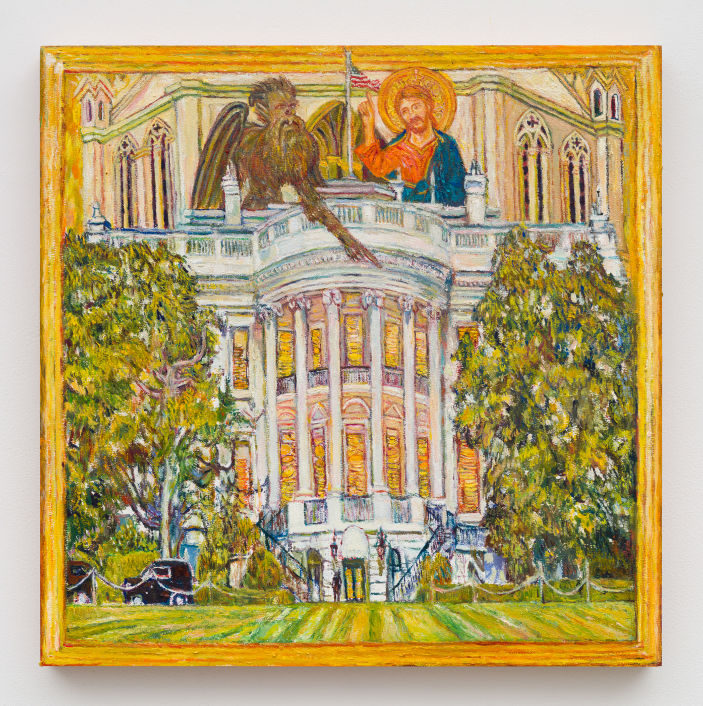 Keith Mayerson, The Temptation of Christ on the Temple (After Duccio),
2025. Oil on panel, 19 7/8 x 19 7/8 in. (50.50 x 50.50 cm)