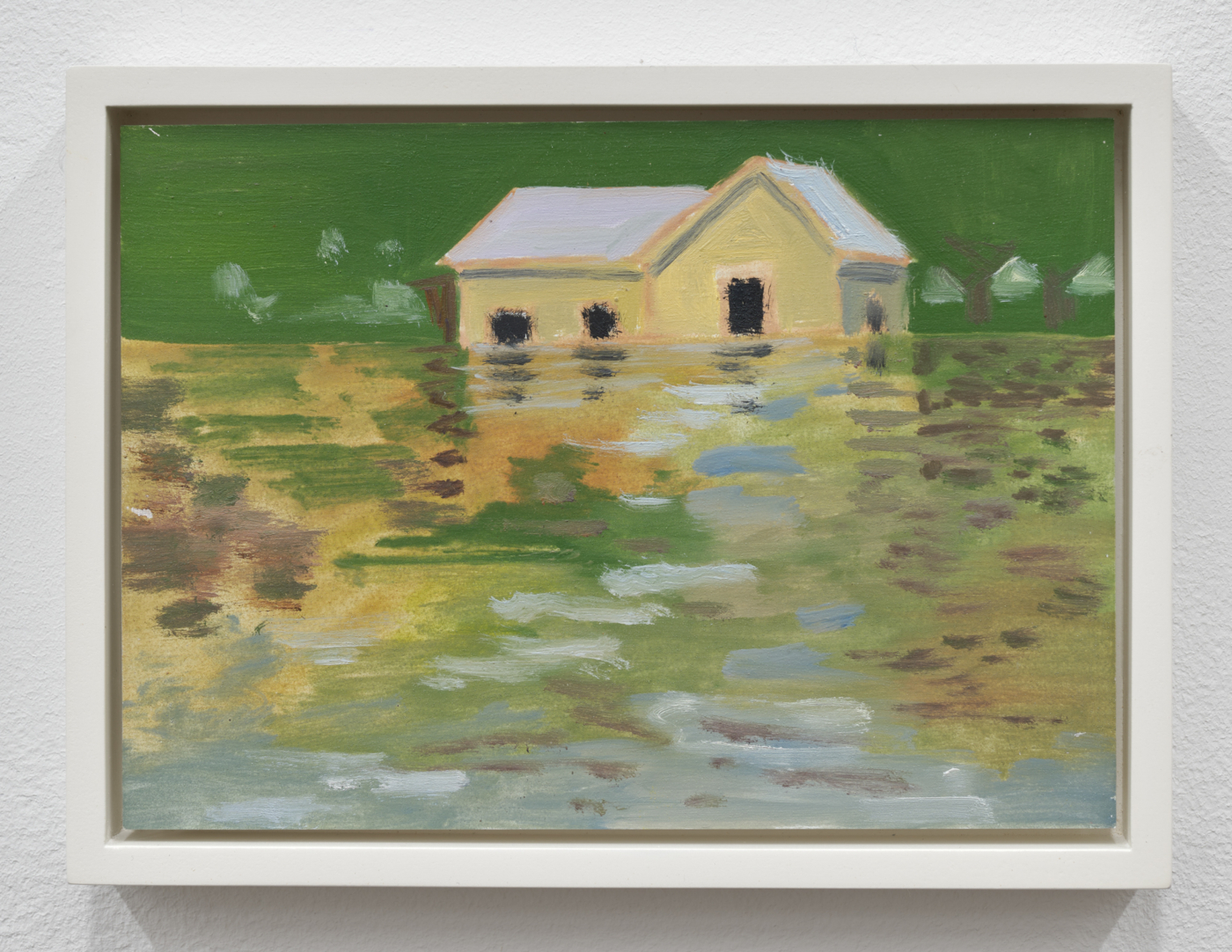 Lois Dodd, House in Flood, Louisiana (from photo), 2016. Oil on aluminum flashing, 5 x 7 in. (12.70 x 17.78 cm), 5¾ x 7⅞ in. (14.61 x 20.00 cm) framed