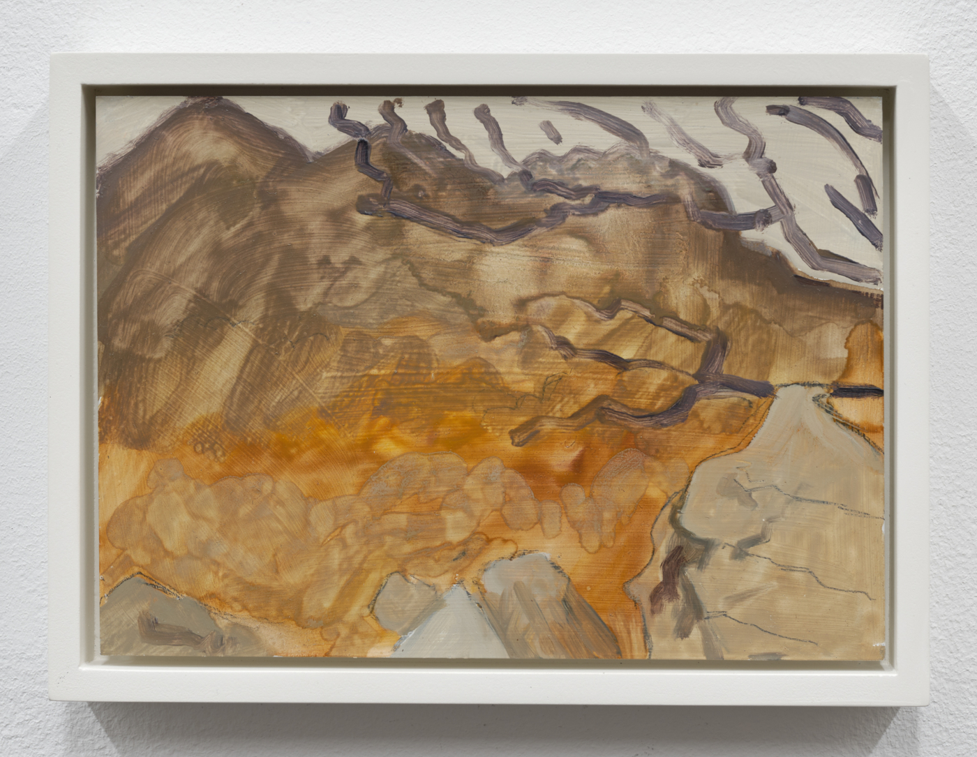 Lois Dodd, Ochre Landscape, 1994. Oil on aluminum flashing, 5 x 7 in. (12.70 x 17.78 cm), 5½ x 7⅞ in. (13.97 x 20.00 cm) framed
