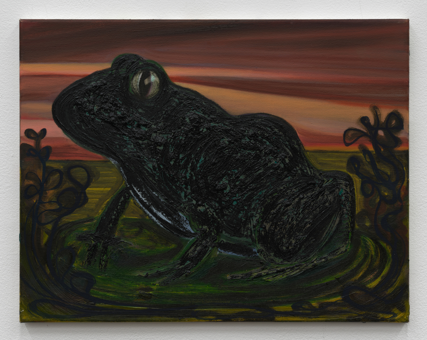Nicole Eisenman, Sunset Frog, 2022–25. Oil on canvas, 14 x 18 in. (35.56 x 45.72 cm)