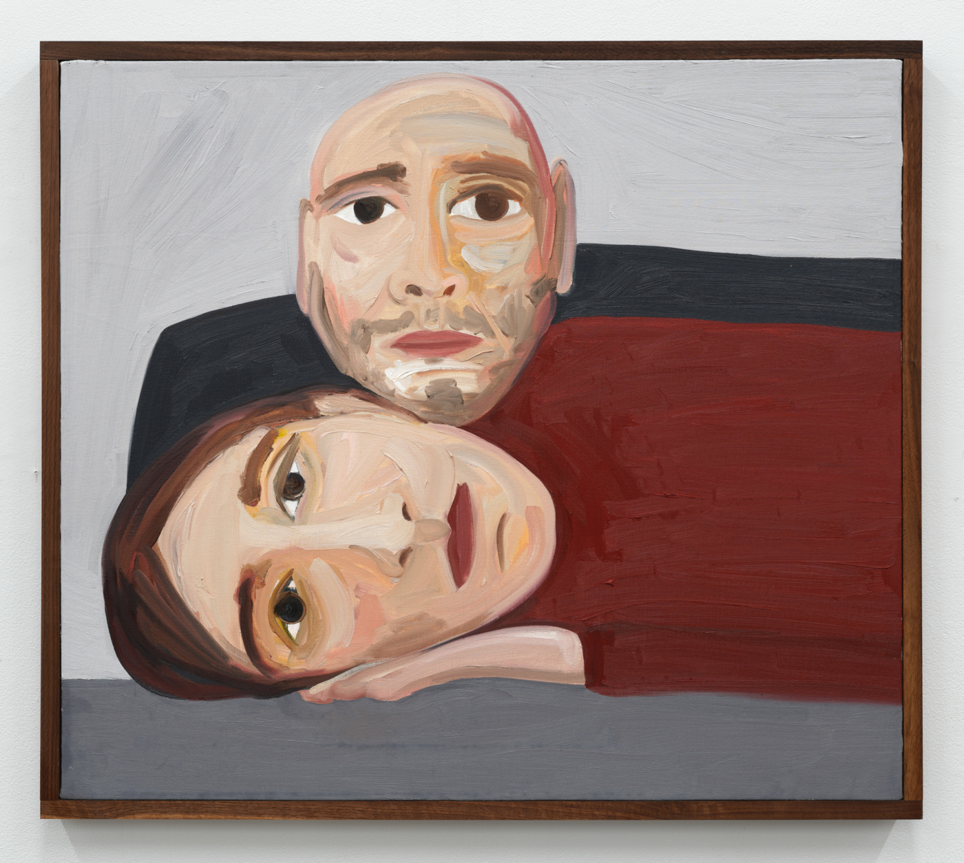 Phoebe Derlee, Phoebe and Hadi Watching the News, 2025. Oil on canvas in artist frame, 30 x 34 in. (76.20 x 86.36 cm), 31⅝ x 35¾ in. (80.34 x 90.73 cm) framed