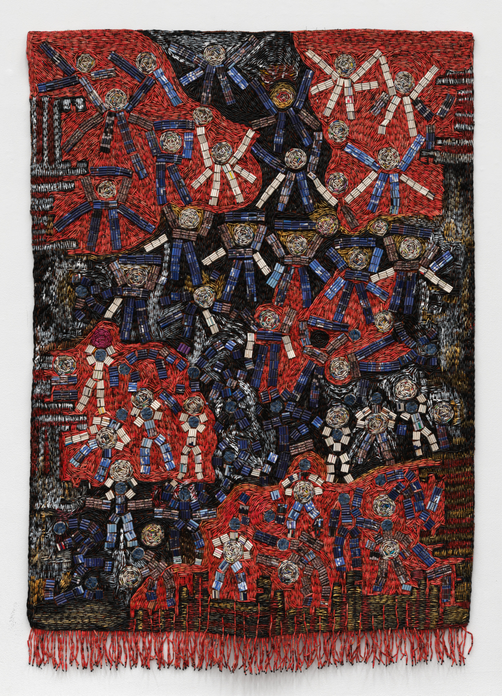 Sanaa Gateja, FLIPPED, 2025. Paper beads on barkcloth, 81½ x 57¾ in. (207.01 x 146.69 cm)